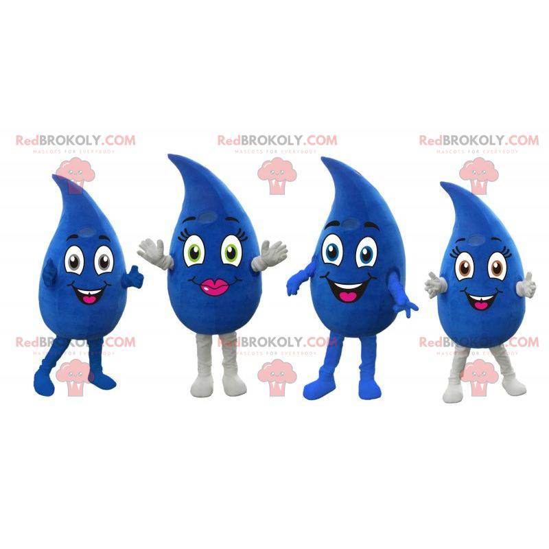 4 gigantische blauwe waterdruppels mascottes 2 jongens en een