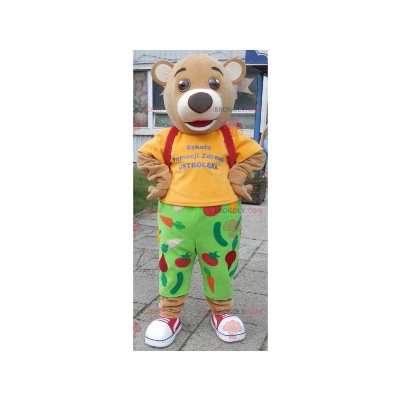3 mascotes ursos bege vestidos com roupas coloridas -
