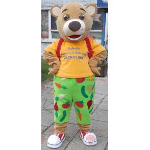 3 beige bear mascots dressed in colorful outfit - Redbrokoly.com