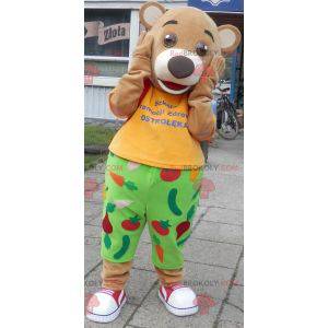 3 beige bear mascots dressed in colorful outfit - Redbrokoly.com