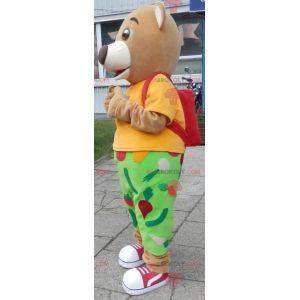 3 beige bear mascots dressed in colorful outfit - Redbrokoly.com