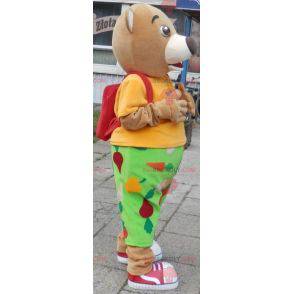 3 beige Bärenmaskottchen im farbenfrohen Outfit - Redbrokoly.com