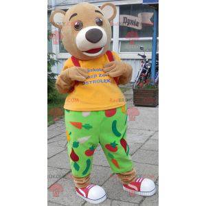 3 beige Bärenmaskottchen im farbenfrohen Outfit - Redbrokoly.com