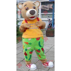 3 beige bear mascots dressed in colorful outfit - Redbrokoly.com