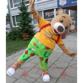 3 beige bear mascots dressed in colorful outfit - Redbrokoly.com