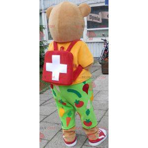 3 beige Bärenmaskottchen im farbenfrohen Outfit - Redbrokoly.com