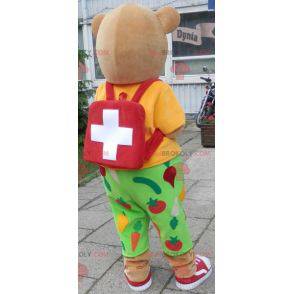 3 beige bear mascots dressed in colorful outfit - Redbrokoly.com