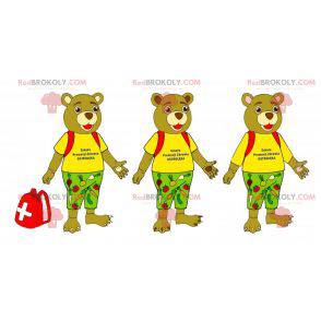 3 beige björnmaskoter klädda i färgglad outfit - Redbrokoly.com