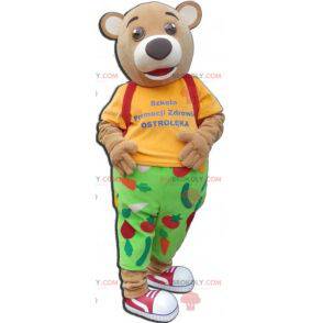 3 beige Bärenmaskottchen im farbenfrohen Outfit - Redbrokoly.com