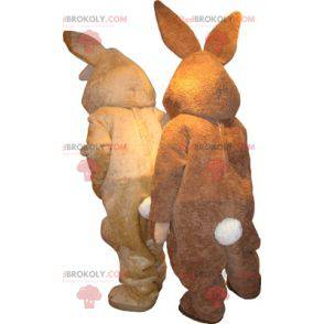 2 mascotes coelhos, um marrom e um bege - Redbrokoly.com