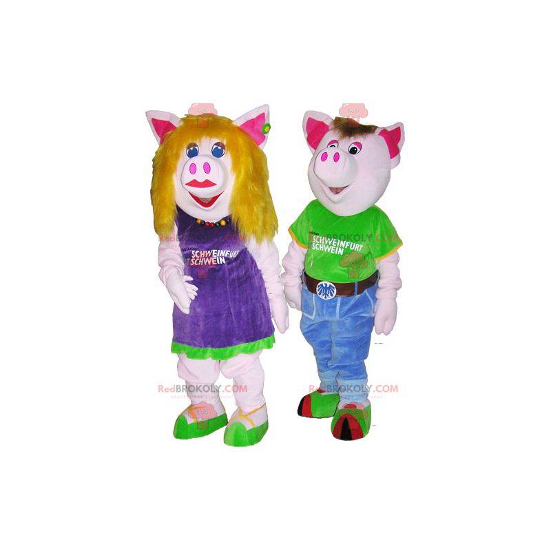 2 Schweinemaskottchen ein Junge und ein Mädchen. Paarkostüm -