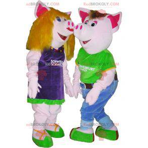 2 Schweinemaskottchen ein Junge und ein Mädchen. Paarkostüm -