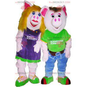 2 Schweinemaskottchen ein Junge und ein Mädchen. Paarkostüm -