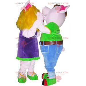 2 Schweinemaskottchen ein Junge und ein Mädchen. Paarkostüm -