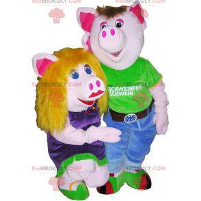 2 Schweinemaskottchen ein Junge und ein Mädchen. Paarkostüm -