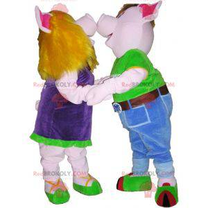 2 Schweinemaskottchen ein Junge und ein Mädchen. Paarkostüm -