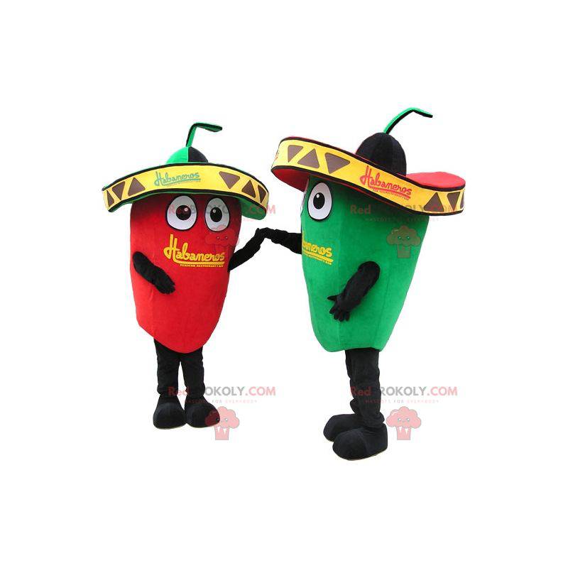 2 mascotas un pimiento verde y un pimiento rojo con sombreros -