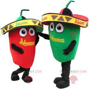 2 mascots a green pepper and a red pepper with hats -