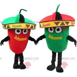 2 mascots a green pepper and a red pepper with hats -