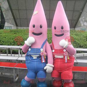 Två rosa sjöstjärna maskotar klädda i overall - Redbrokoly.com