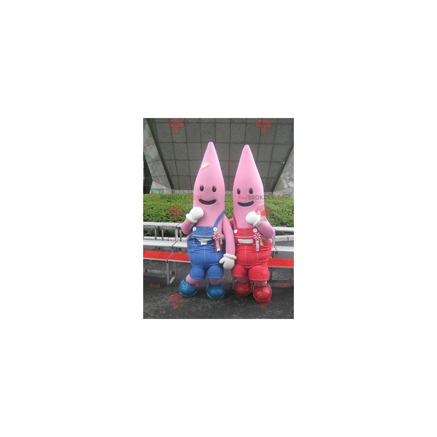 2 mascotes estrela do mar rosa vestidos de macacão -