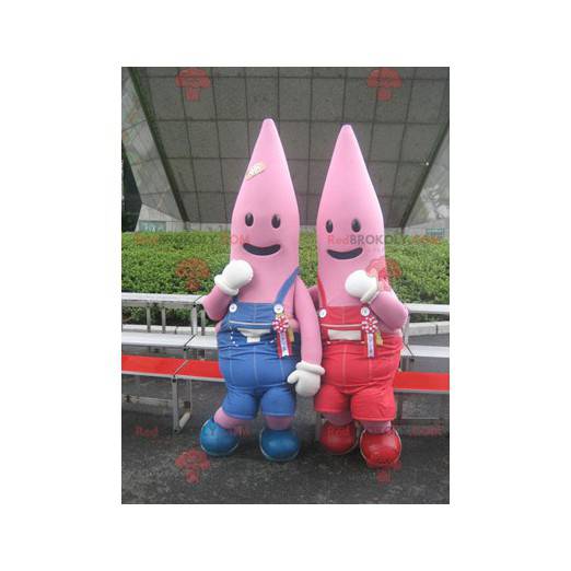 2 mascotas de estrella de mar rosa vestidas con un mono -