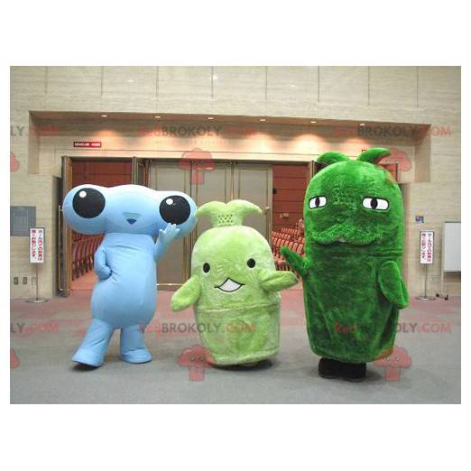 3 mascots one blue alien and two green mascots - Redbrokoly.com