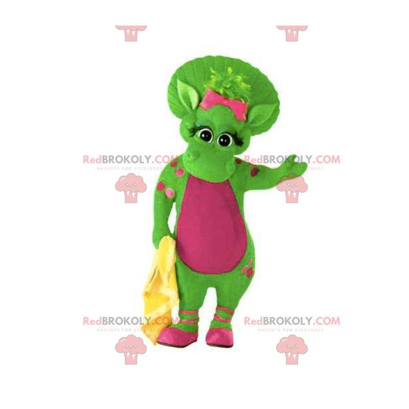 Mascotte de dinosaure vert et rose géant et chaleureux -