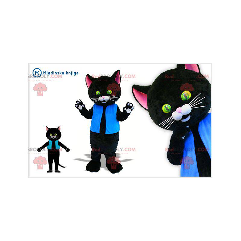 Schwarzes und rosa Katzenmaskottchen gekleidet in Blau -