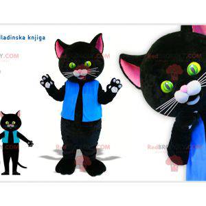 Mascotte de chat noir et rose habillé en bleu - Redbrokoly.com