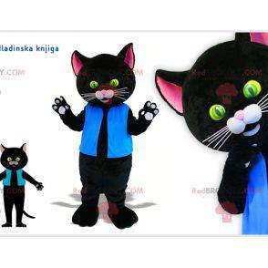 Schwarzes und rosa Katzenmaskottchen gekleidet in Blau -