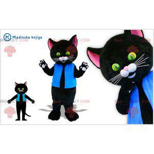 Černá a růžová kočka maskot oblečený v modré barvě -