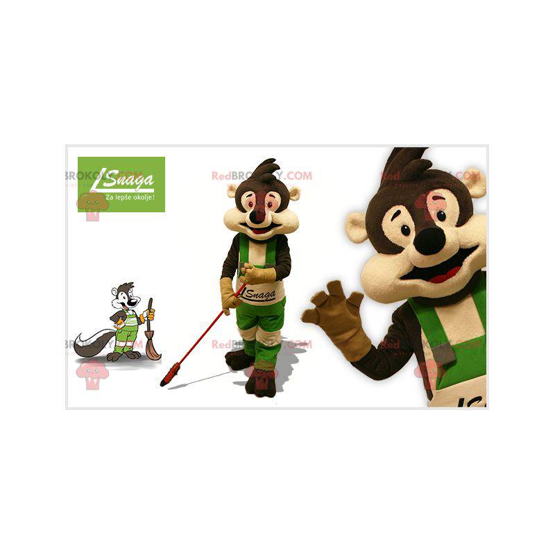 Brown and beige raccoon mascot with a broom - Redbrokoly.com