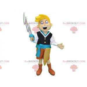 Blonde ridderjongen mascotte met een zwaard - Redbrokoly.com