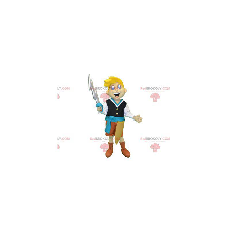 Blonďatý rytíř chlapec maskot s mečem - Redbrokoly.com