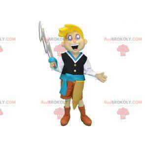 Mascotte de garçon blond de chevalier avec une épée -