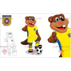 Brown beaver mascot in yellow and blue sportswear -