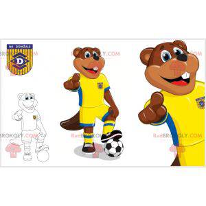 Mascote castor marrom em roupas esportivas amarelas e azuis -