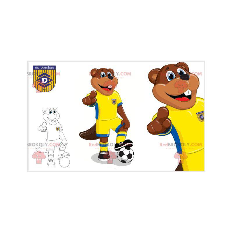 Brown beaver mascot in yellow and blue sportswear -