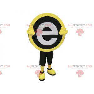 Mascote redondo preto amarelo e branco com a letra E -