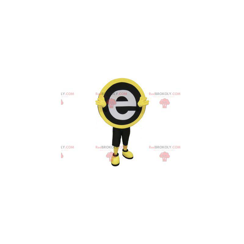 Mascote redondo preto amarelo e branco com a letra E -