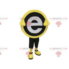 Mascota redonda negra, amarilla y blanca con la letra E -