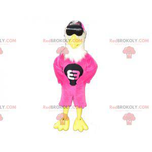 Mascotte d'aigle rose blanc et jaune avec des lunettes -