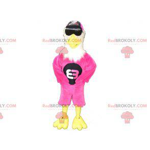 Mascotte d'aigle rose blanc et jaune avec des lunettes -