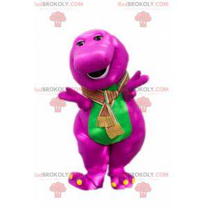 Mascotte dinosauro rosa e verde grassoccio e divertente -