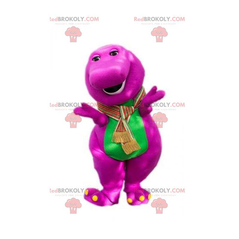 Mascote de dinossauro rosa e verde gordo e engraçado