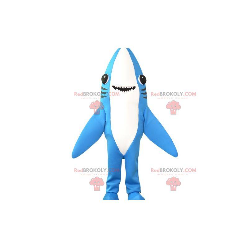 Bardzo zabawna maskotka rekina w kolorze niebieskim i białym -