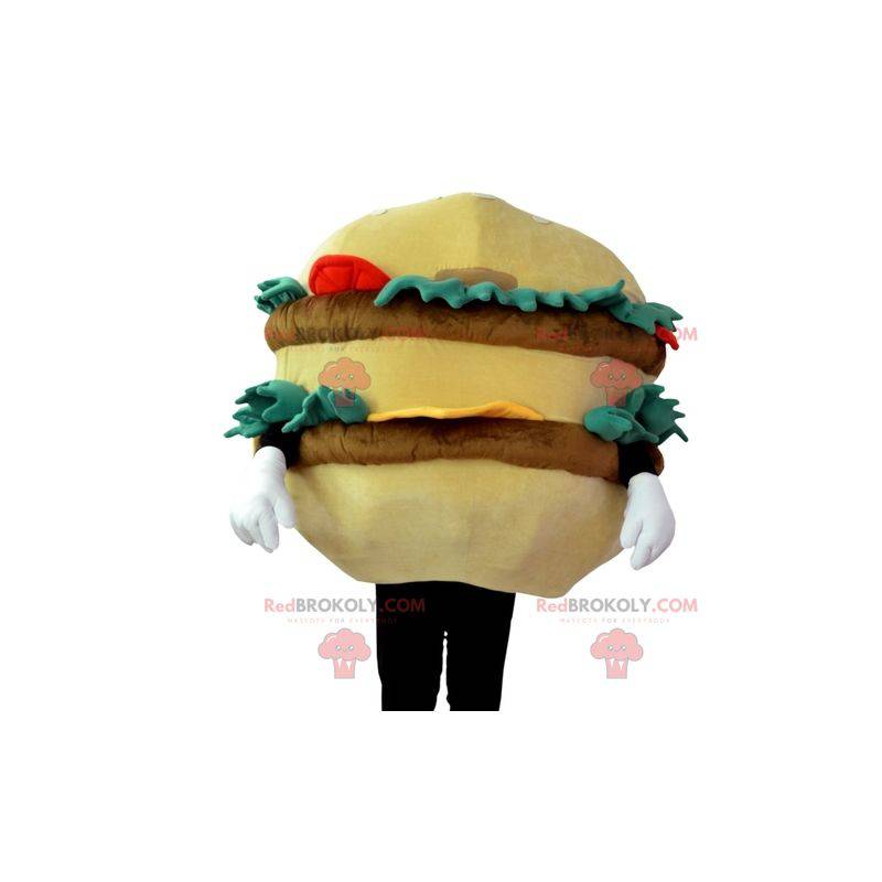 Hambúrguer mascote gigante bege e marrom com salada -