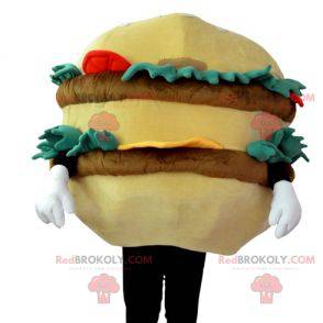 Mascot hamburguesa gigante de color beige y marrón con ensalada