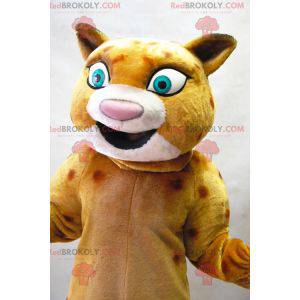 Mascotte leopardo arancione beige con grandi occhi verdi -